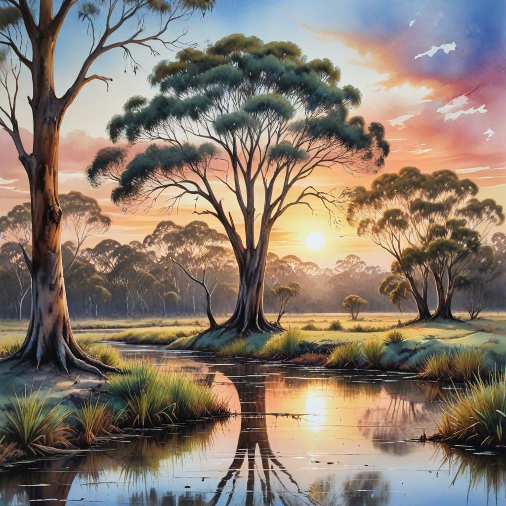 a kangaroo drinking on the side of the billabong, Australian bush in the background; early morning light,