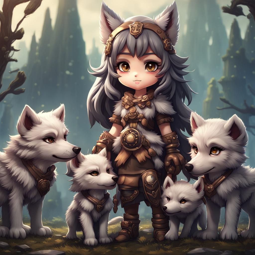 Cute Chibi Anime wolf Girl With wolf cubs  by @Fritholf