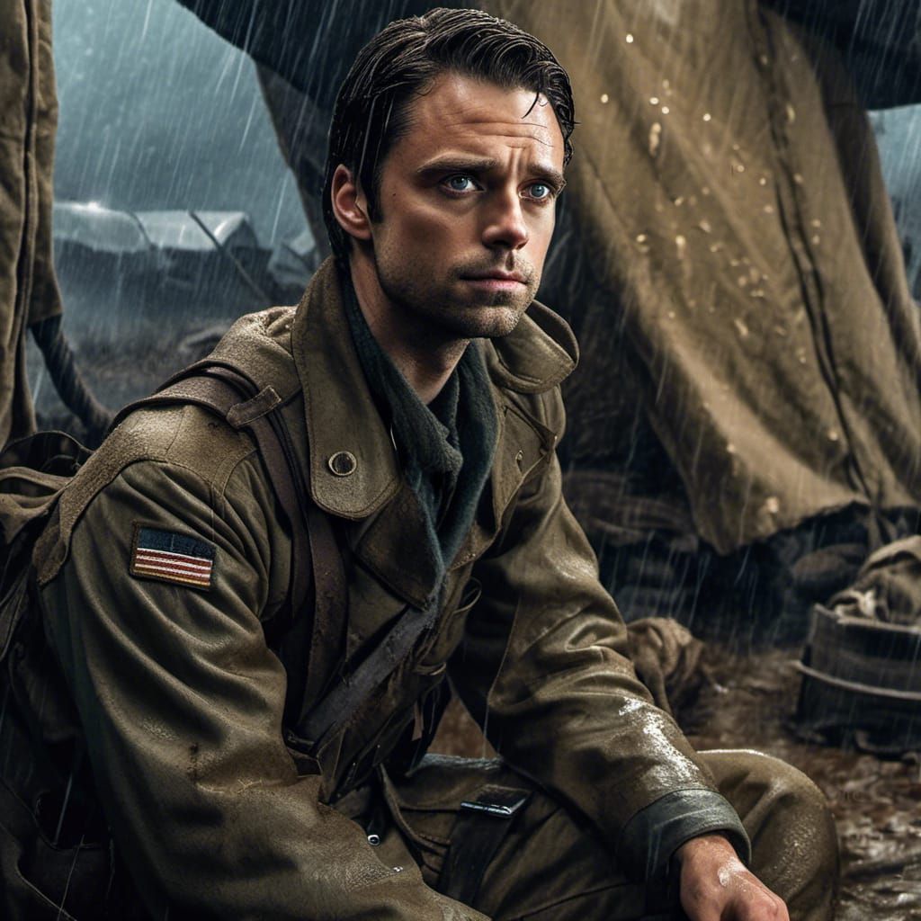 ""Sebastian Stan as a 1940's Army Sergeant, sitting in his t...