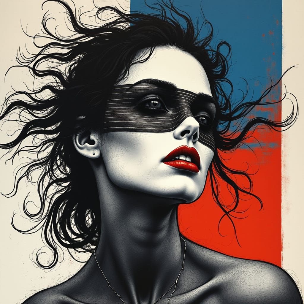 Rebellious Woman in Geometric Angles and Desert Landscape
