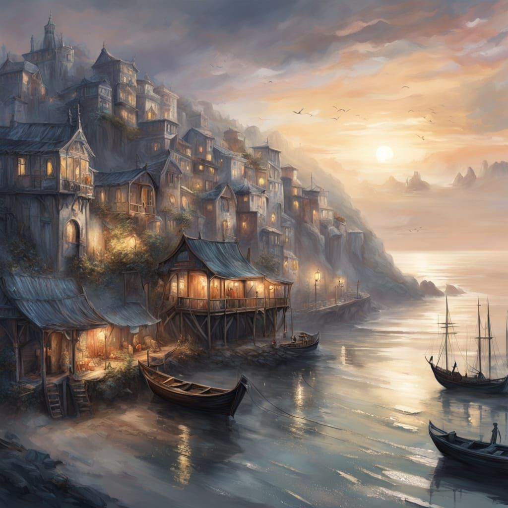 A highly detailed fantasy illustration of an ancient seaside town at dawn.
Serene, majestic, and filled with quiet wonder.

The first rays o...