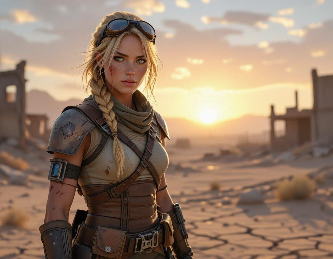 A female wasteland explorer in a post-apocalyptic setting,