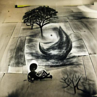 boy sits under a tree crescent moon charcoal drawing