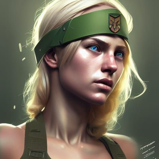 Blonde female soldier in a headband wearing a green tank top...