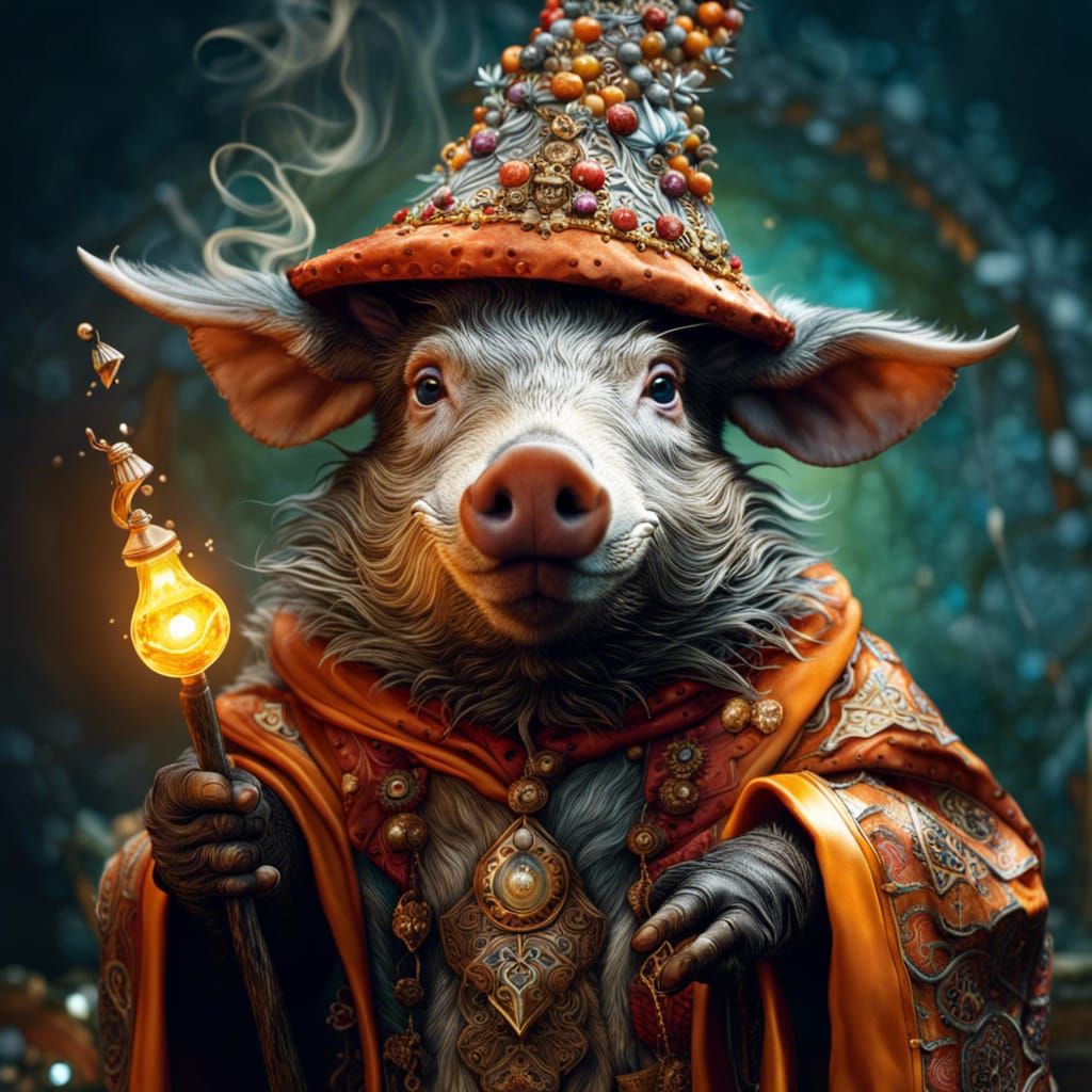 Cute Boar Wizard Casting Spells: Digital Circlism Art