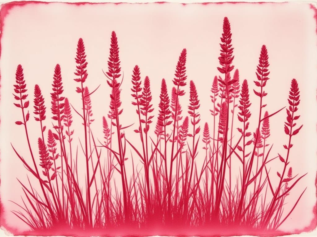 <lora:Cyanotopia:1.0> modern botanical cyanotypes using photosensitive paper in red where non-developed areas are white. lavender plants in ...