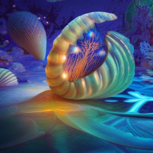 Whymsical bioluminescent seashell translucent glowing intricate details ...