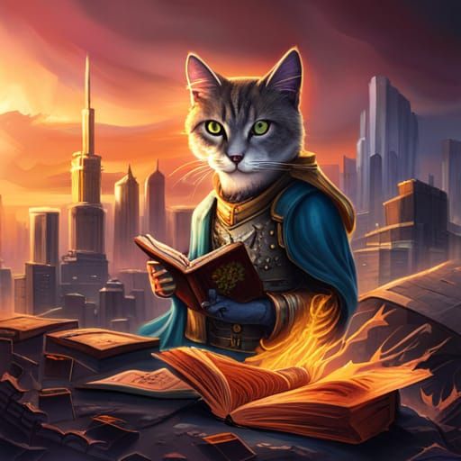 Cat Warlord reading book in a burning post-apocalyptic city. - AI ...