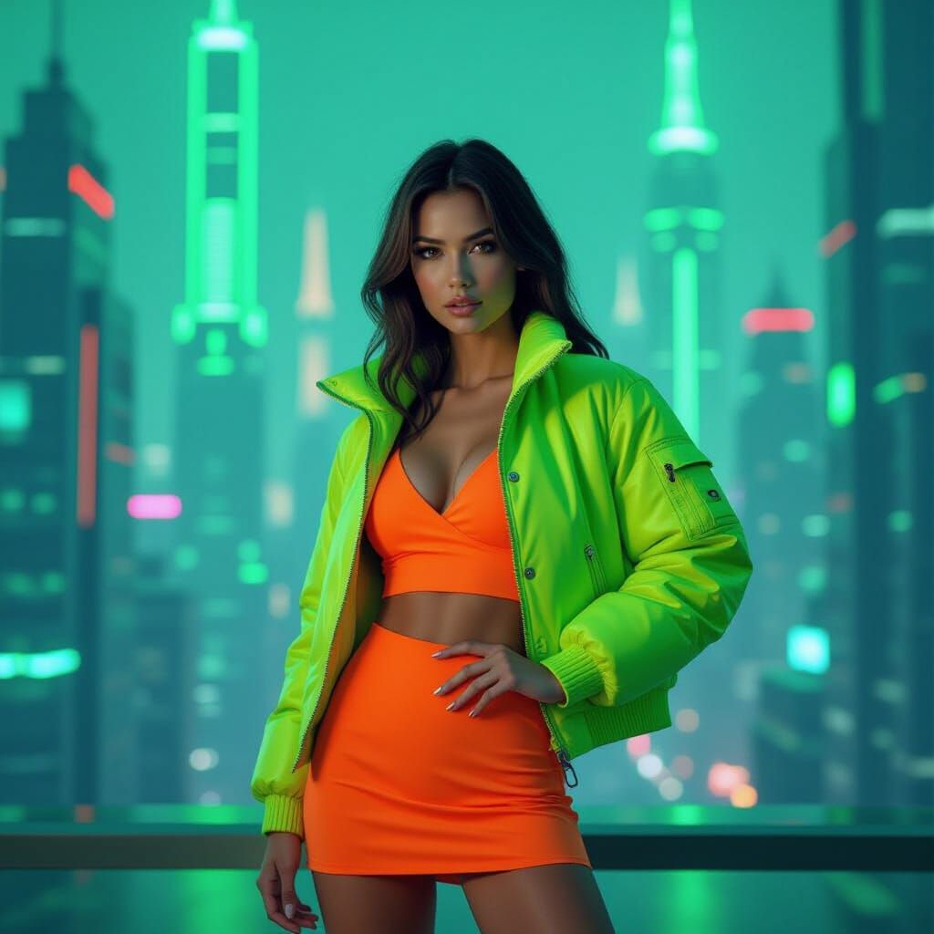 an extremely pretty and stunning young woman styled in neon green and neon orange colours. Background: ...  by @Babasik