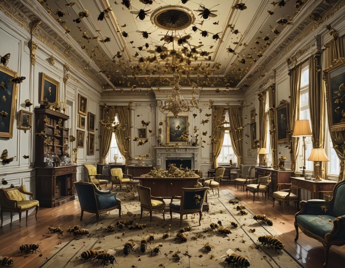 A SecondEmpire Drawing Room Filled with Giant Bees AI Generated