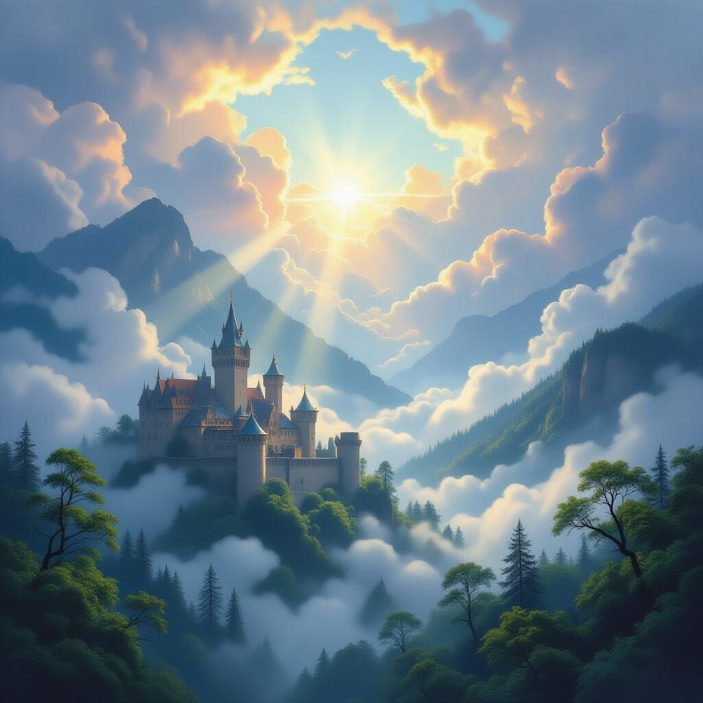 Ancient Castle Landscape in Ethereal Clouds, Oil Painting St...