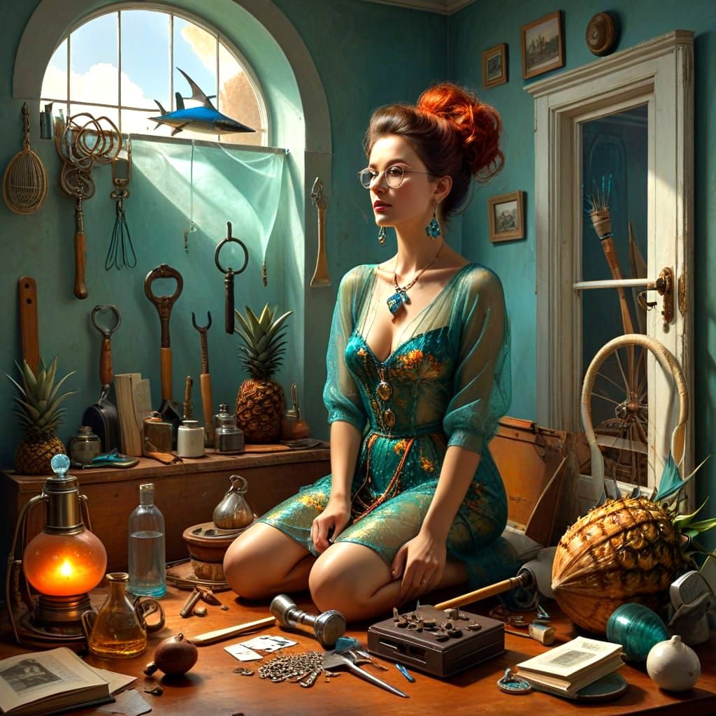 Eccentric Lady in Surreal Landscape, Vibrant Colors