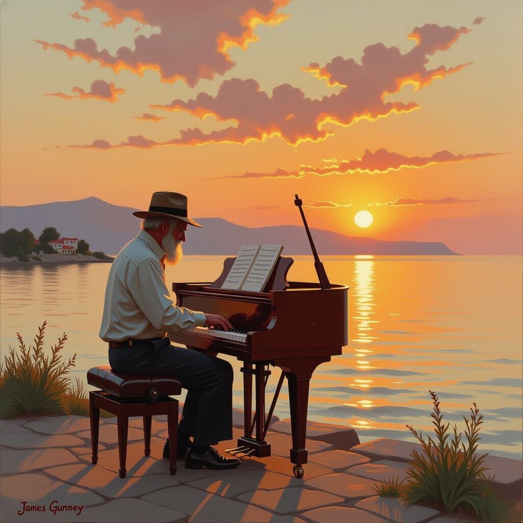 Red Piano Player Under Bridge, Oil Painting Style