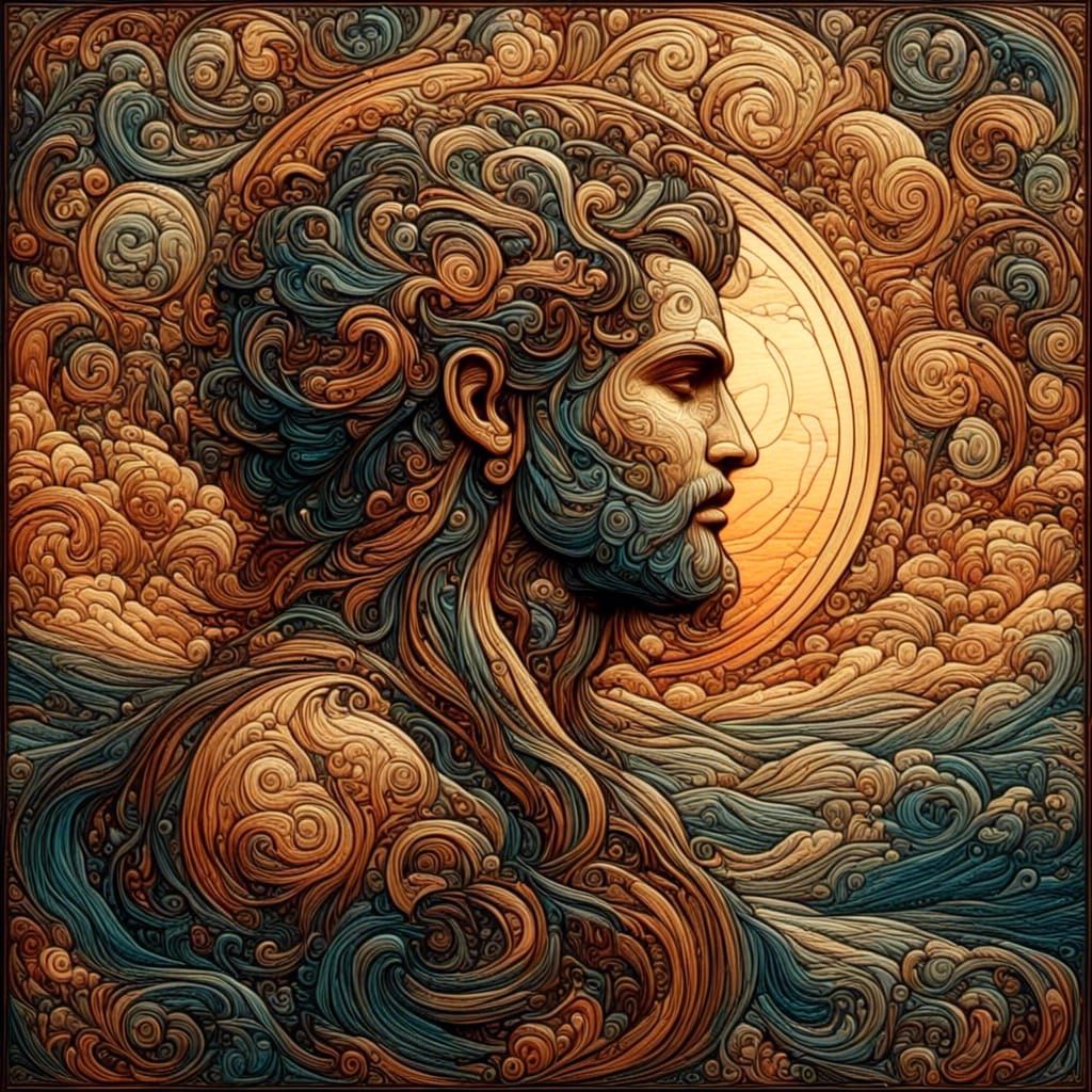 <lora:DreamLines:1.0>  <lora:MARQUETRY:1.0> Wooden marquetry effect statue of a storm god   at sunset insanely detailed wood fantasy art , s...