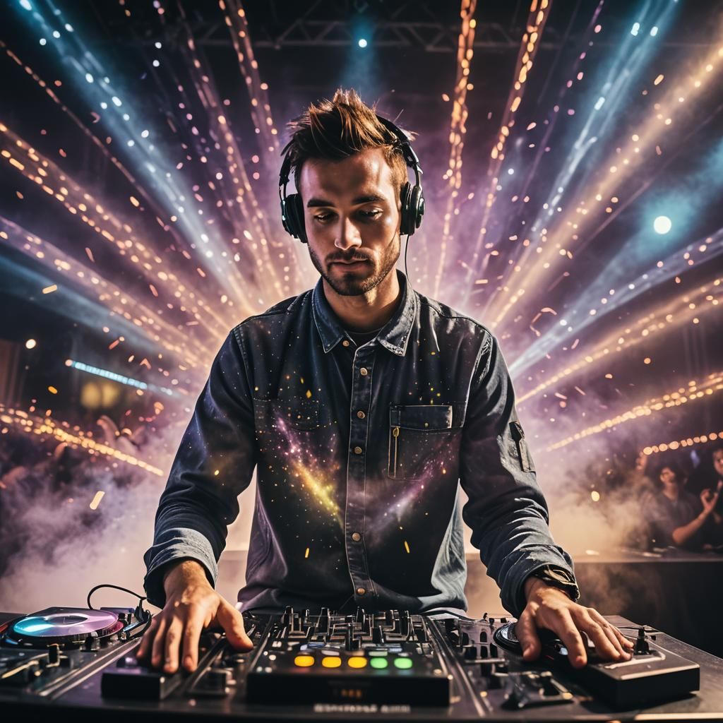 An impressive DJ sits on the stage, surrounded by pulsating lights that