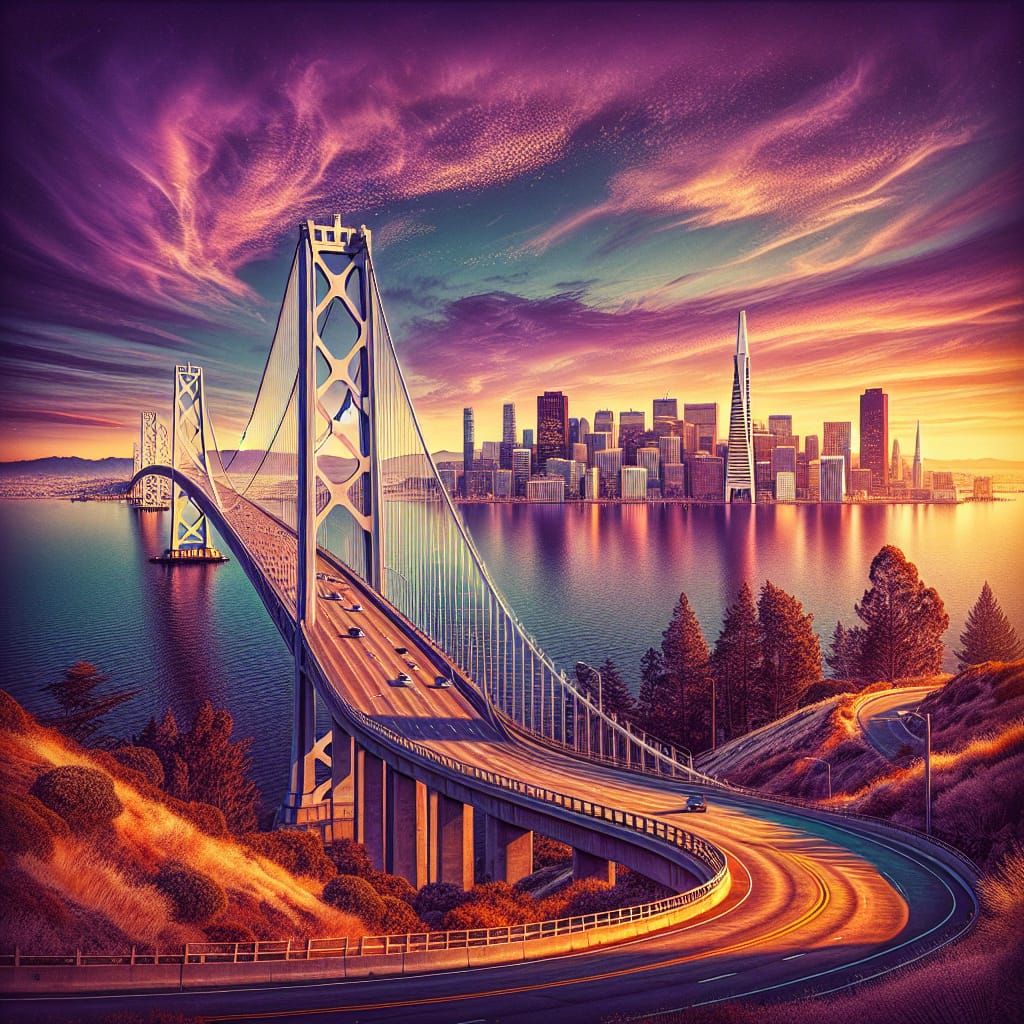 A stunning panoramic view of the Oakland Bay Bridge, with the iconic suspension structure prominently featured, stretchi...