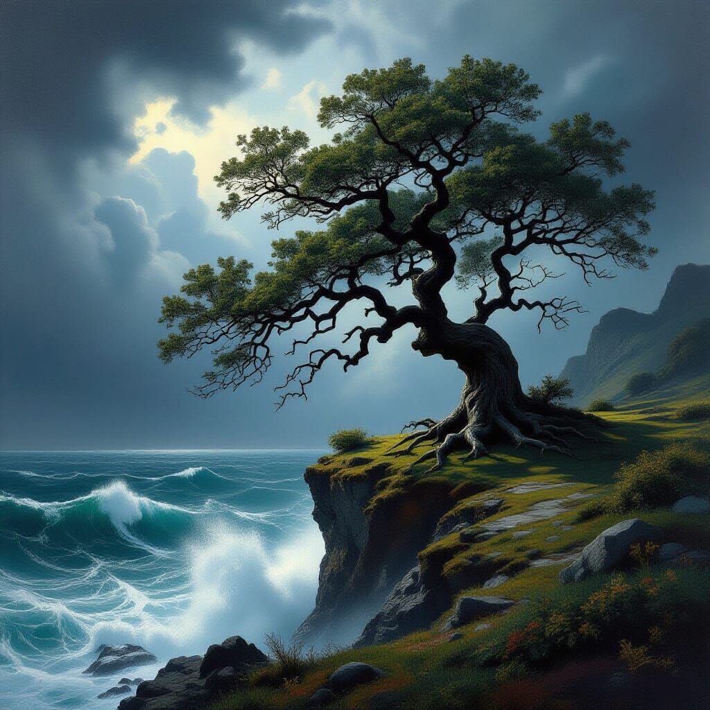 A lone, ancient tree stands at the edge of a