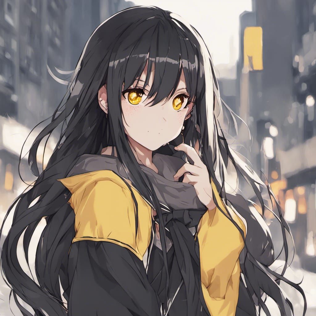Cute anime girl with black hair and yellow eyes