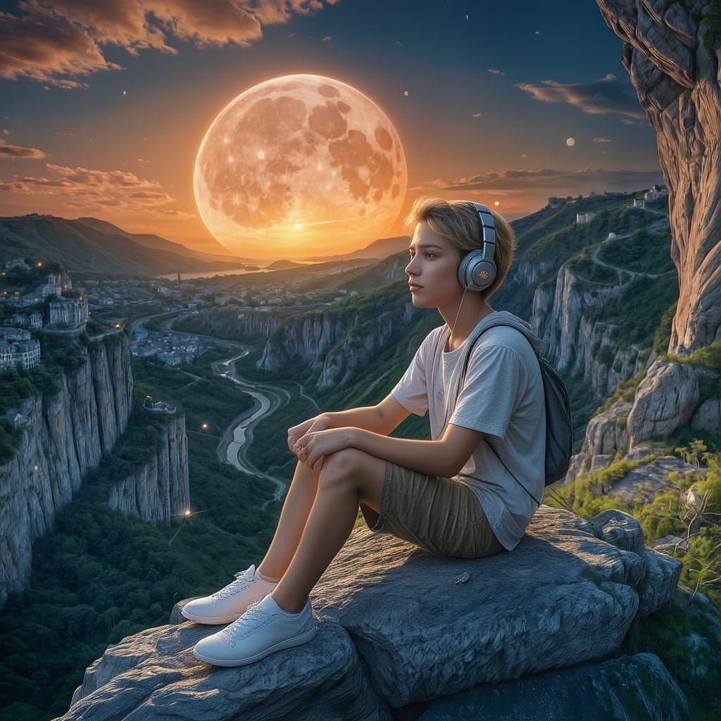 Create a high cliff on which a boy sits, his hair color is blond, headphones in his ears, glowing music notes, a large moon shining in the s...