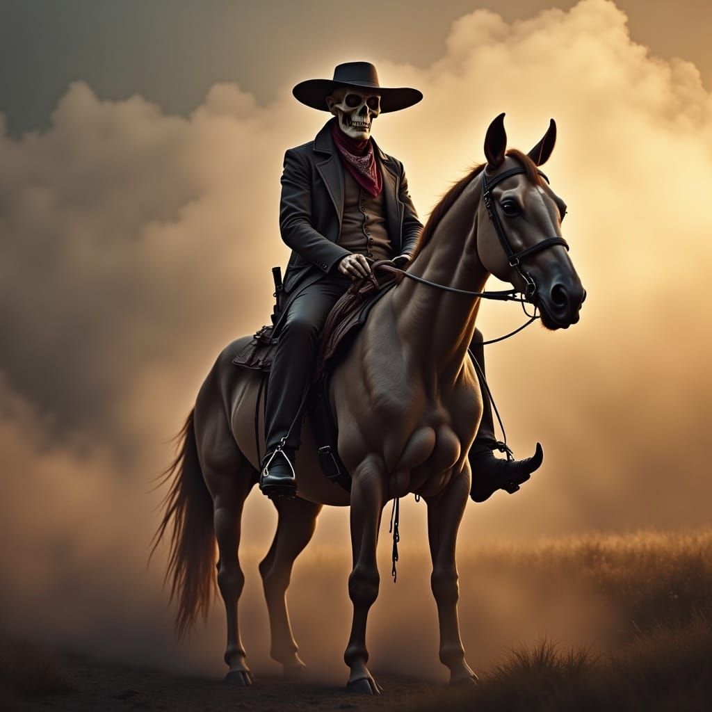 <lora:Detailed realism:1.0> Skelton dressed as a Cowboy a ma...