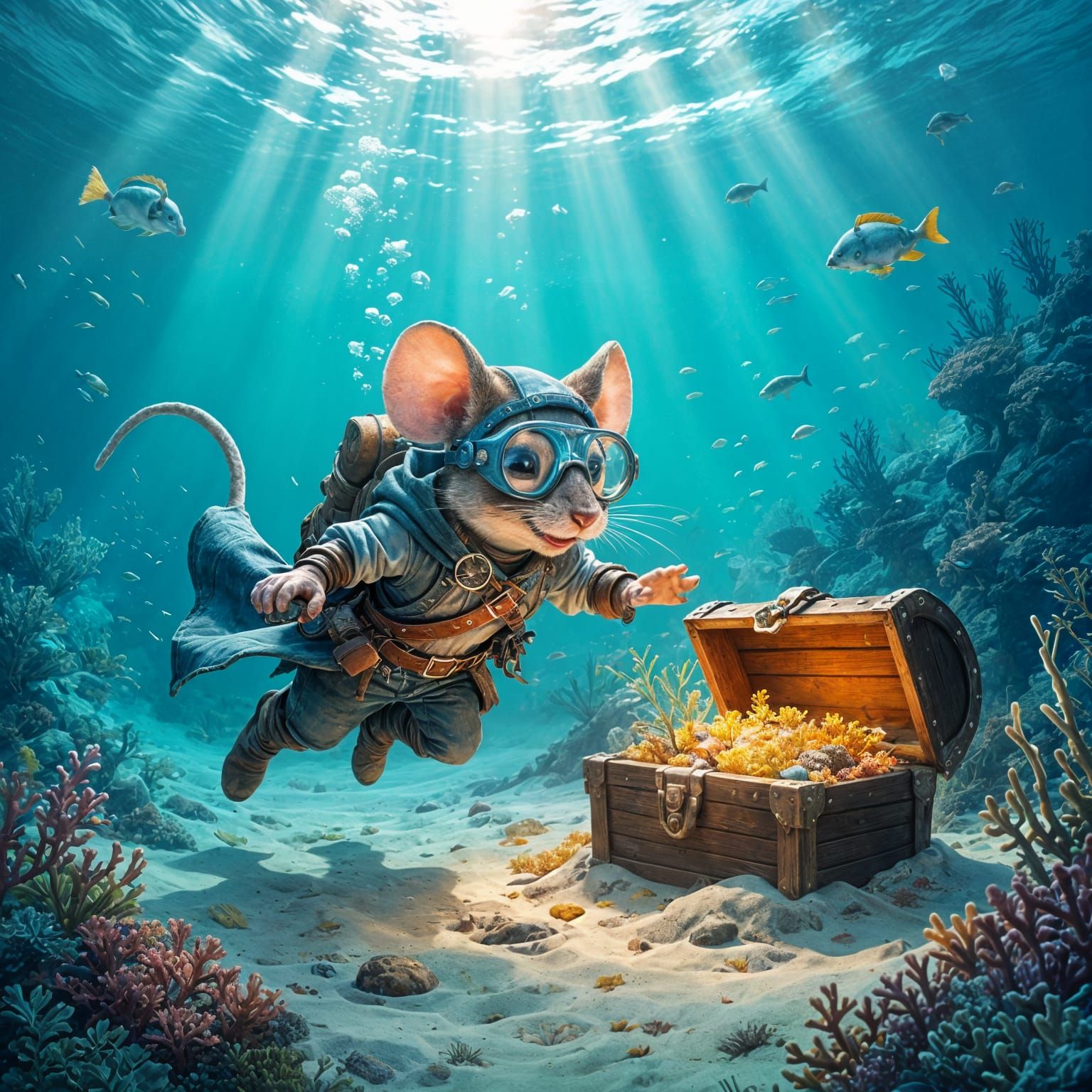 A highly detailed anthropomorphic mouse adventurer named Finn underwater. He wears his usual worn and ...  by @Zhopen
