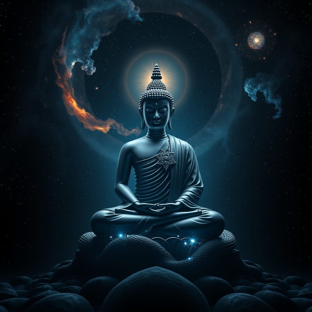 Meditant Buddhist Monk Surrounded by Cosmic Nebulae in a 8k ...