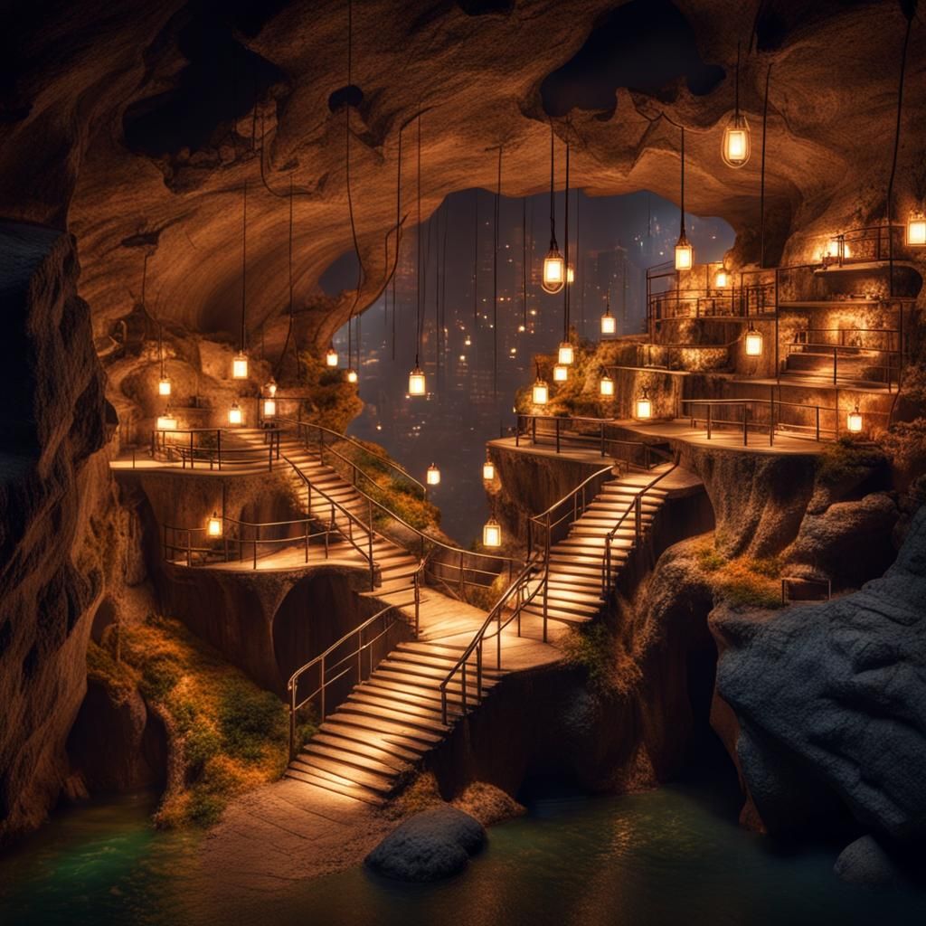 Underground cavern with a bustling miniature city inside with cozy ...