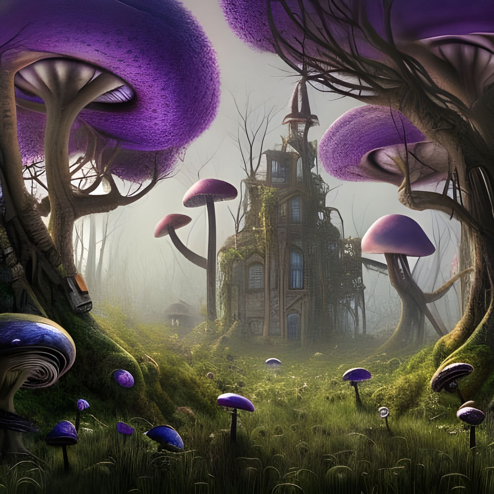 Abandoned mansion in purple mushrooms forest  by @Manaland