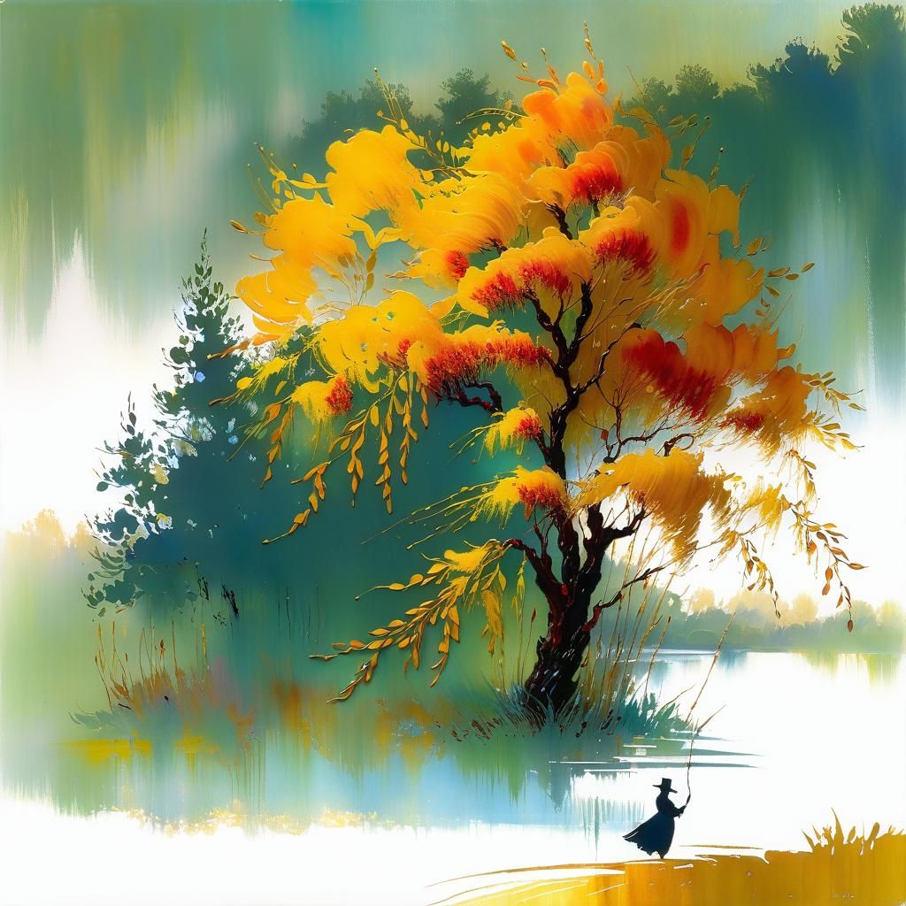 Encaustic(Encaustic )autumn landscape,. The willow is blooming. alcohol ink autumn, golden ratio, by ...  by @svs