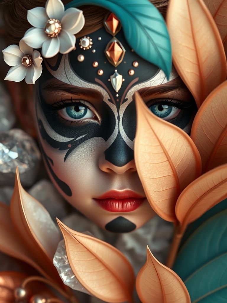 Young Girl's Face with Intricate Clown Painting in Luxurious...