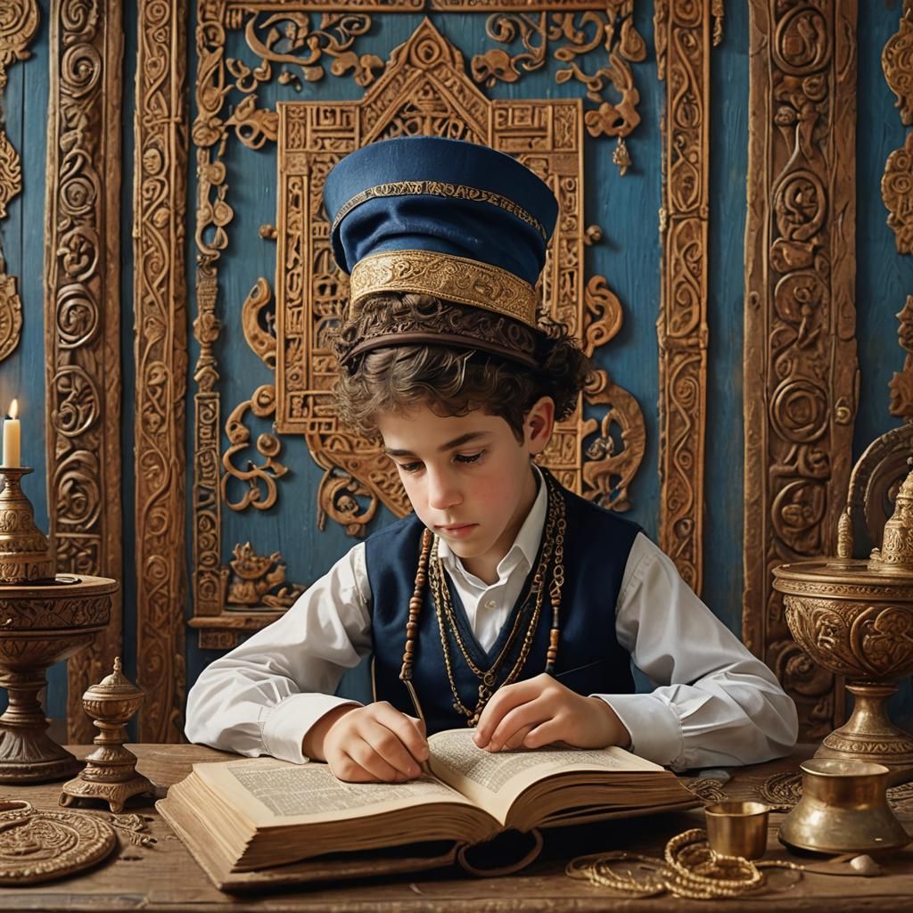 Hasidic Boy Reads Book in Ornate Room