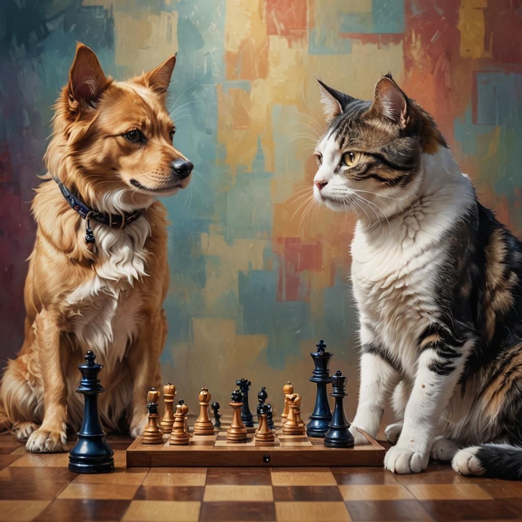 A dog and a cat play chess