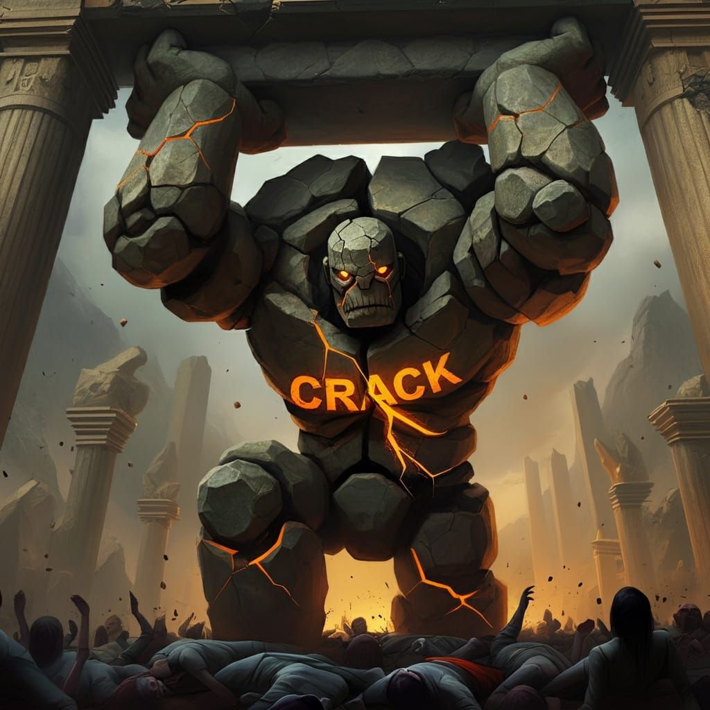 Onomatopoeia “Crack” golem upholding collapsing temple