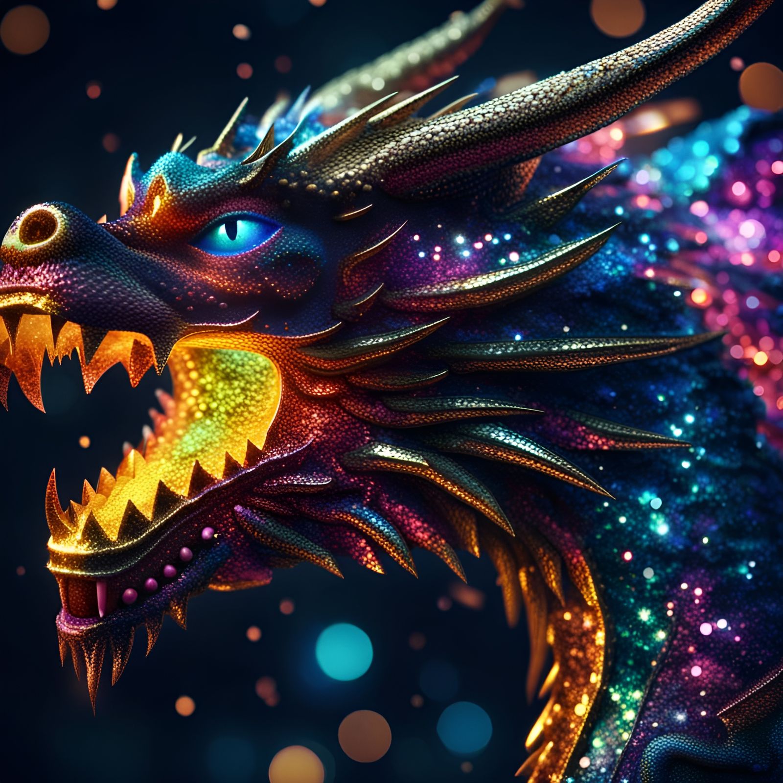 Realistic glitter dragon made of glitter, breathing glitter ...