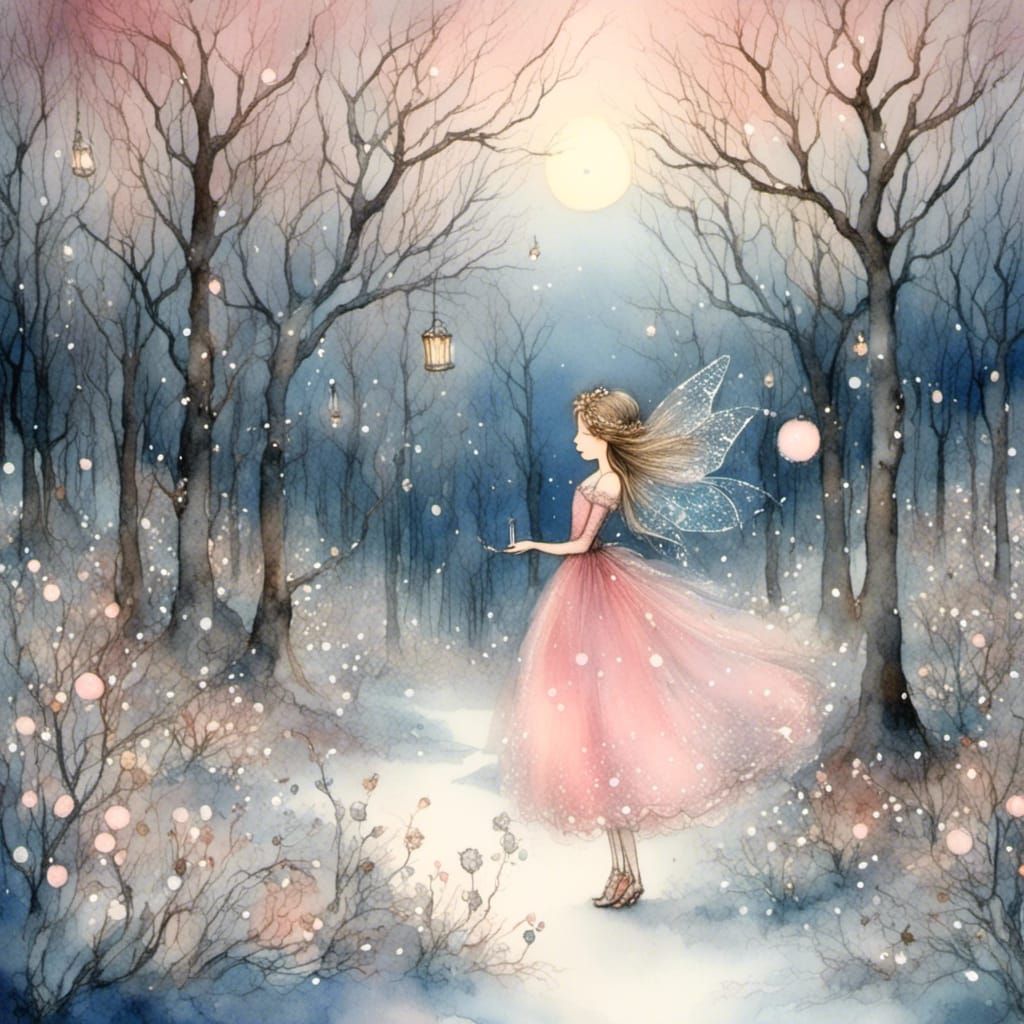 <lora:Cute vintage:1.0> Style of Raymond Briggs. Beautiful fairy at a fairy winter ball in a decorated forest glade. Nostalgic sentimental s...