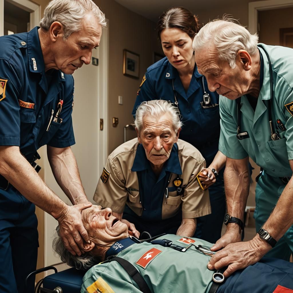 Paramedics at a home helping elderly man..support system.