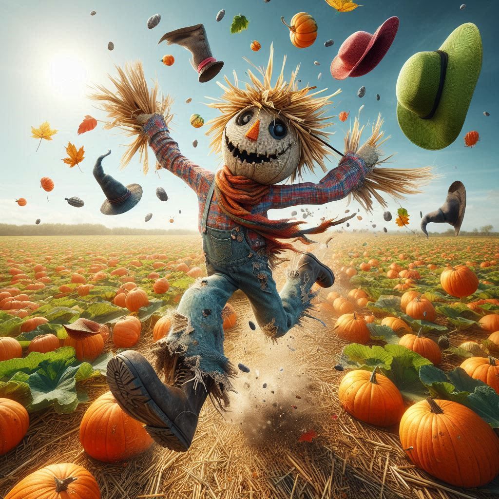 Crazy scarecrow launching hats and stones to a harvesting pu...