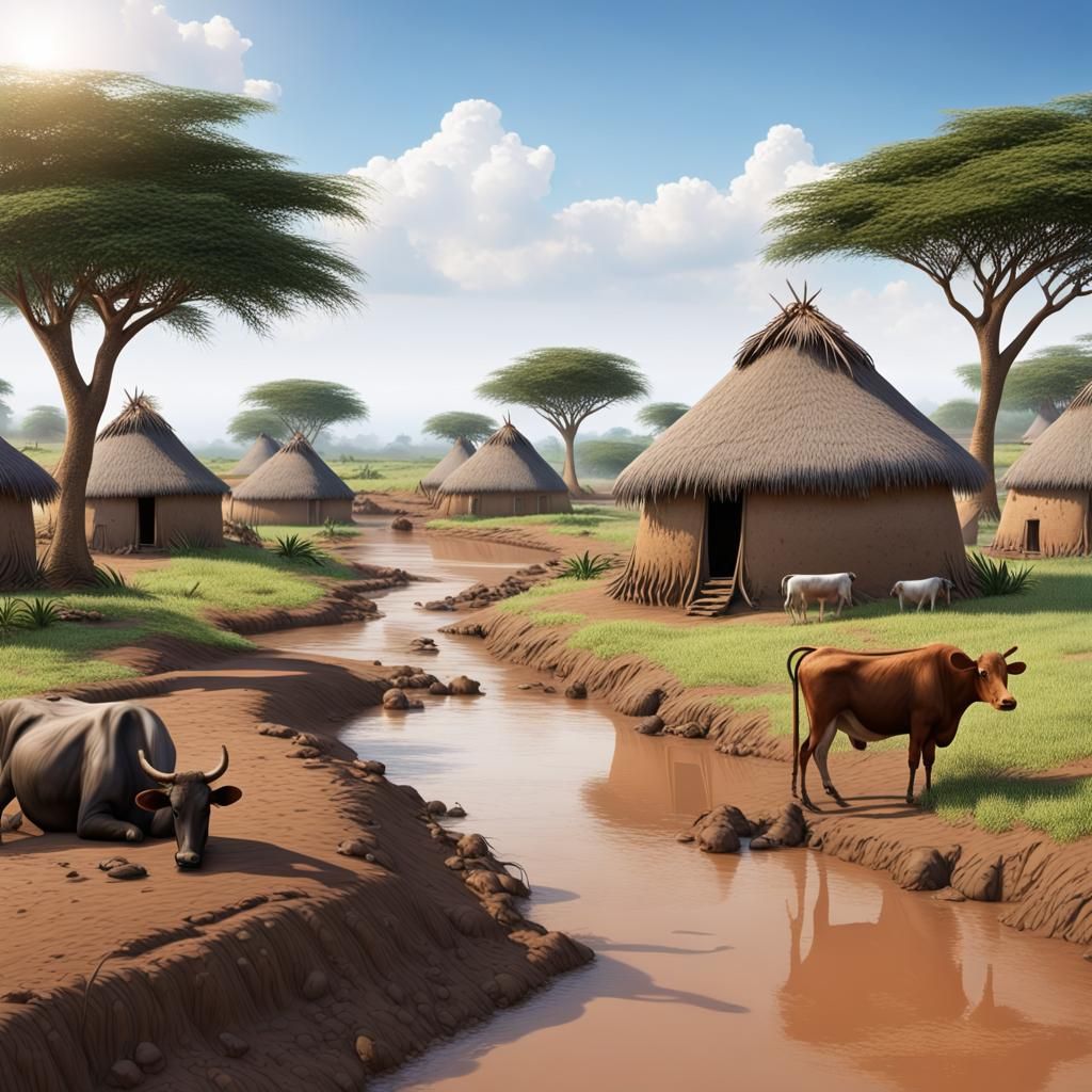 An African Village With Hut Houses Made Up Of Mud, Cattle Grazing ...