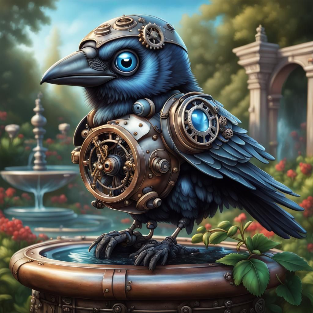 Cute chibi-style steampunk clockwork raven standing on fount...