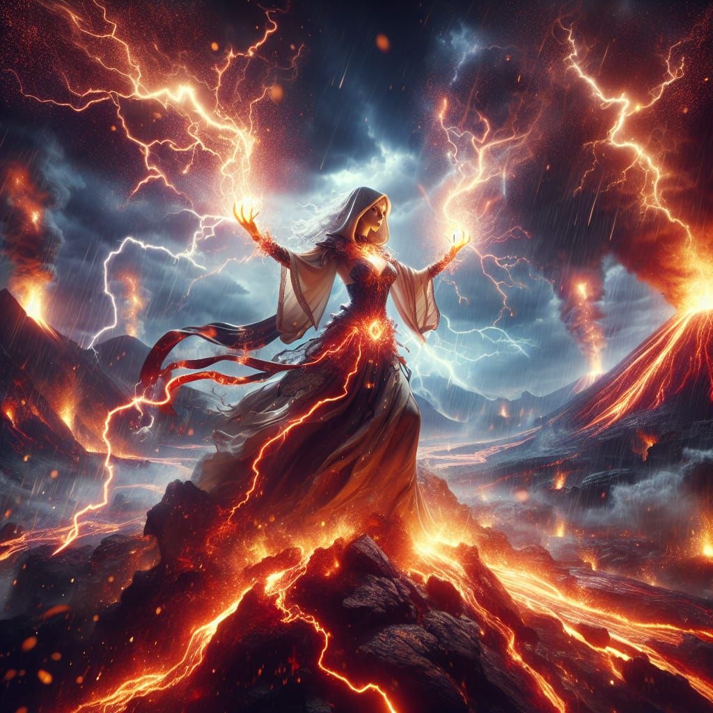 Storm Mage in Volcanic Inferno  by @ScorpionAI