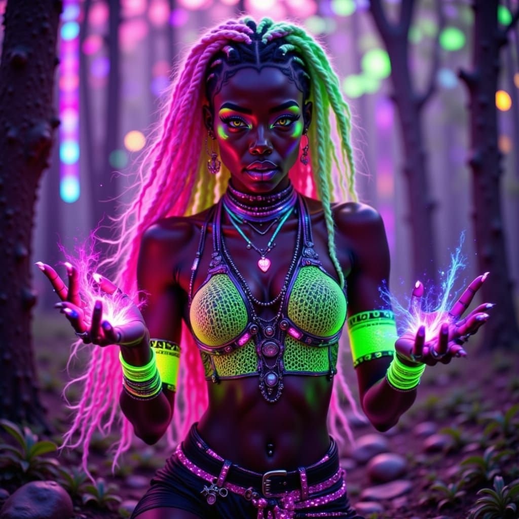Hyper detailed high definition bold colors glistening skin dynamic pose bold lighting 

Elara Thorne
	•	neon retro Style: Cyber-witch +
	•	P...