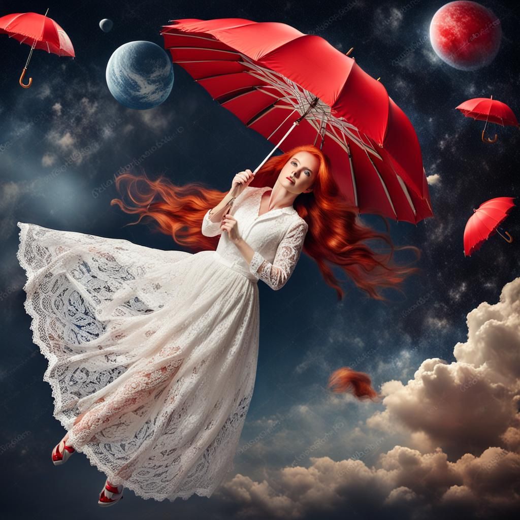 beautiful European woman with long red hair in white lace dr...