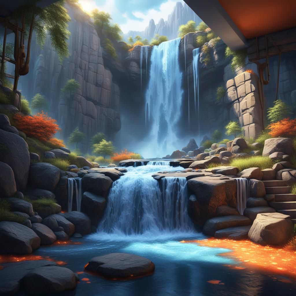 Waterfall Painting Comes to Life, Hyperrealistic Concept Art