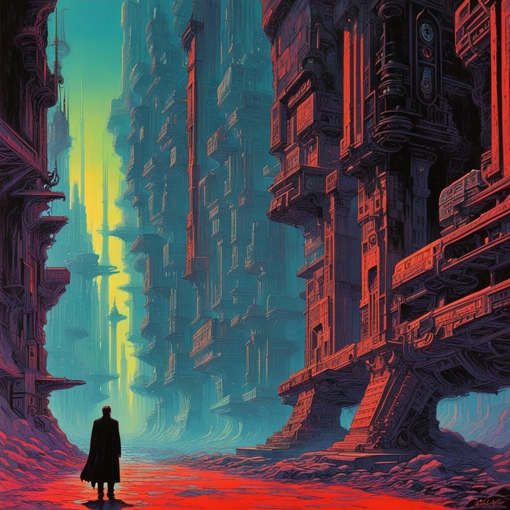 Philippe Druillet style dark gothic/sci-fi painting. Surreal...