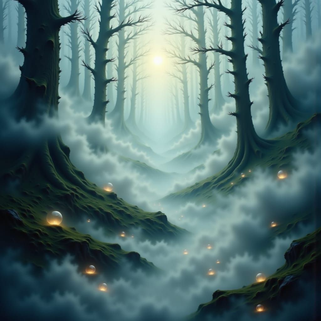 A surreal landscape where giant, ancient trees are partially submerged in a sea of thick, swirling fog that mimics ocean waves. Strange, glo...