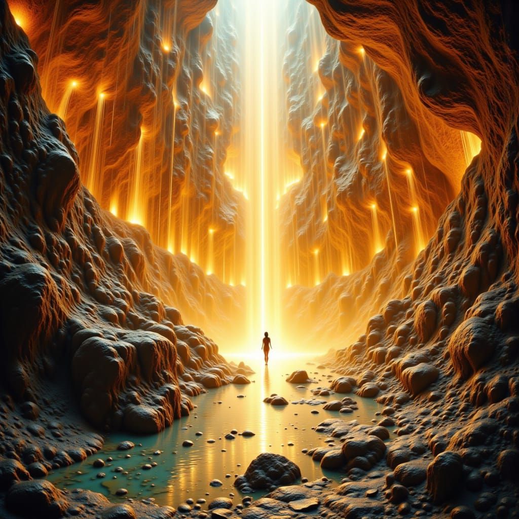 <lora:Bliss Fire:1.0> STRANGEST BLISS FIRE CUBIC DRIPPING LIGHT RAYS CASCADING TRAVERTINE MINERAL POOLS REFLECTIONS ARCHITECTURAL FORMS ART ...