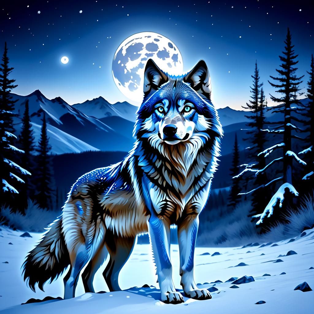 "Desarrolla una imagen de un lobo gris de ojos azules de pie...