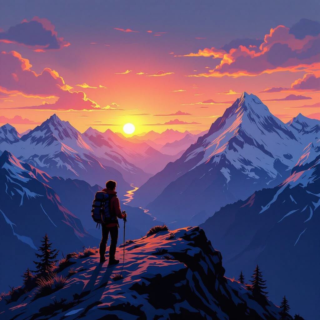 Moebius style. Commicbook style. A lone hiker, clad in modern gear, stands on a narrow ridge overlooking a breathtaking panorama of the Swis...