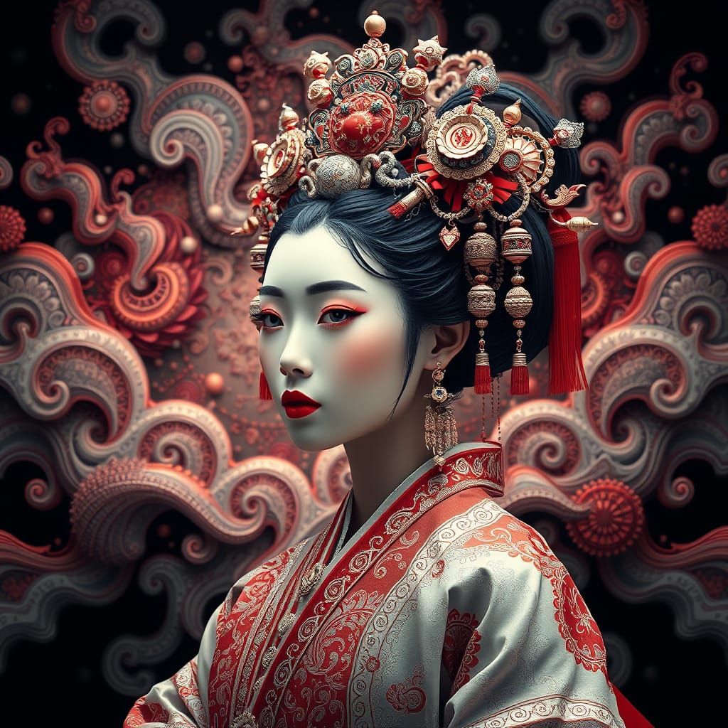 Korean Gisaeng in Vibrant Fractal Landscape