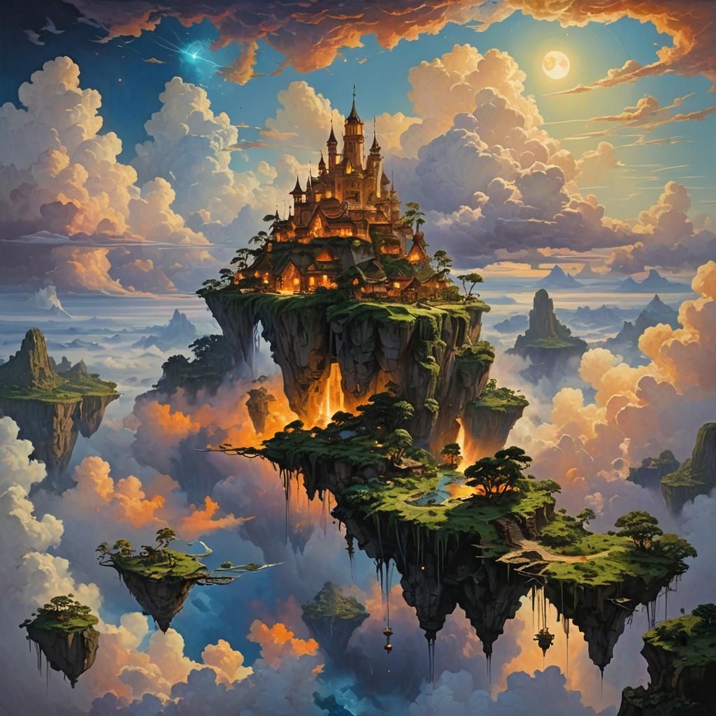 a fantastical realm where floating islands are illuminated b...